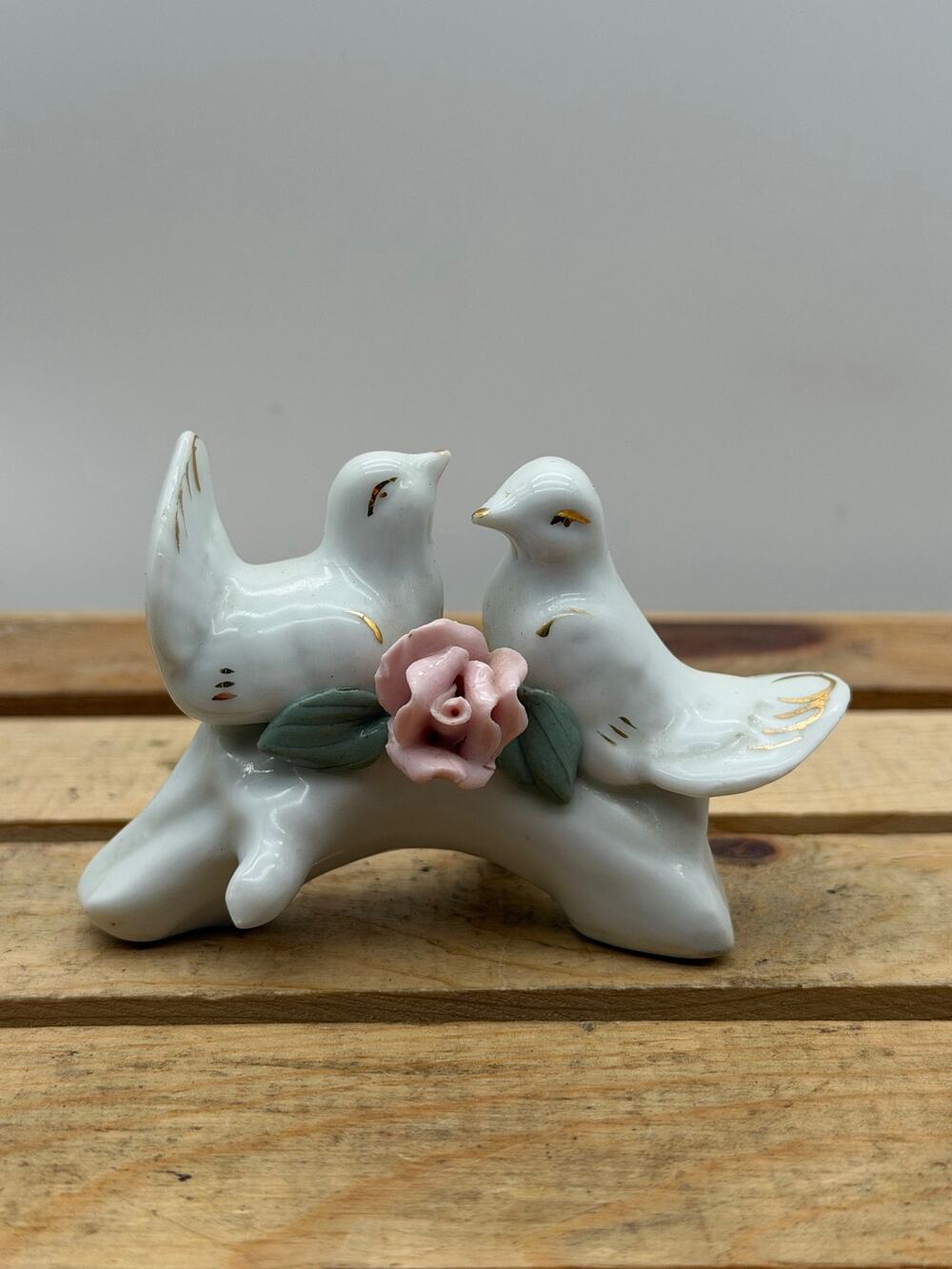 Vintage Porcelain Lovebirds Doves Figurine -Pink Applied Rose Gold Accent - 3.5"